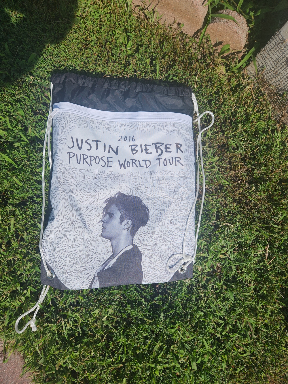Justin Bieber Black and White Purpose World Tour Drawstring Backpack